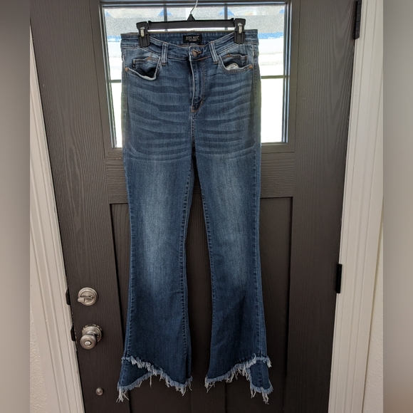 Judy Blue Dark Blue Flare Jeans with Distressed Hem - Picture 1 of 4